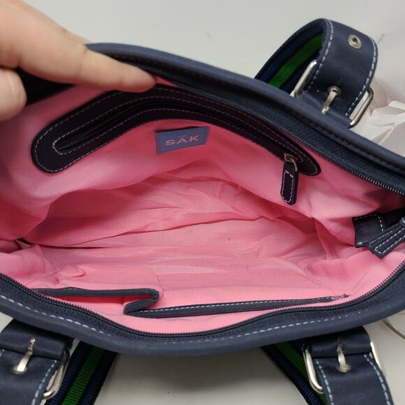 The Sak Navy Blue woven green & blue ribbon handle crochet satchel shoulder bag - Picture 6 of 12